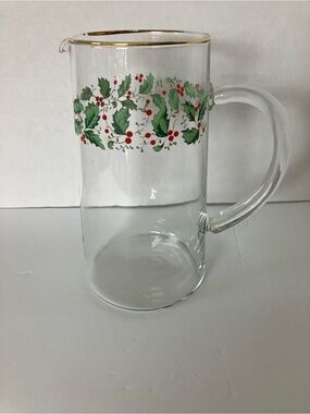 Libby Glass Holiday Holly Pitcher with Gold Trim